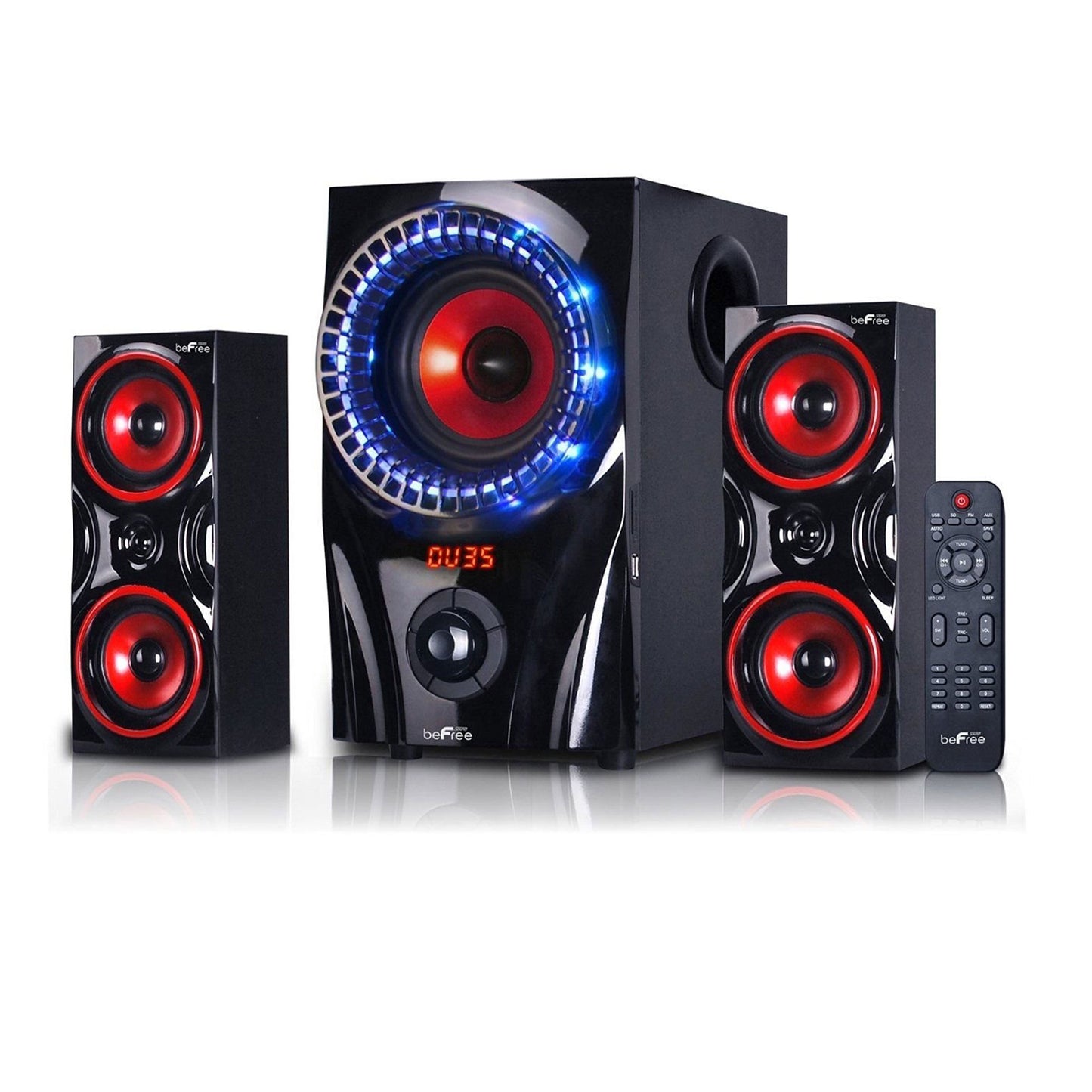beFree Sound 2.1 Channel Bluetooth Surround Sound Speaker System in Red And Blue. Beautiful Home Theater For The Family...